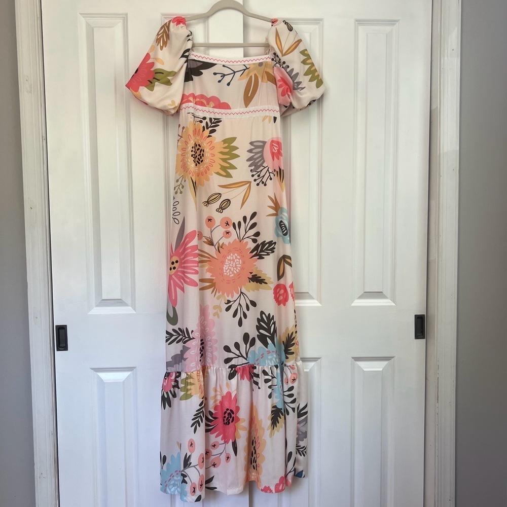 Floral Bohemian Square Neck‎ Puff Sleeve Tiered Ruffled Hem Maxi Dress Size M - Picture 2 of 16